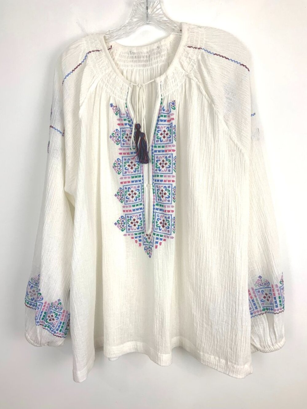 J Peterman Embroidered Cotton Peasant Blouse White Boho Tassel Split Neck Sz L - Picture 10 of 16